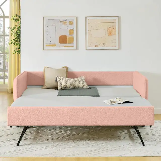 Alt view image 4 of 7 - Boucle Upholstered Twin Daybed with Extendable Trundle Bed, Twin to King Daybed with Backrest and Armrest, Roll Out Trundle Bedframe, Corner Guest Bed for Teens Adults, Easy Assembly, Pink