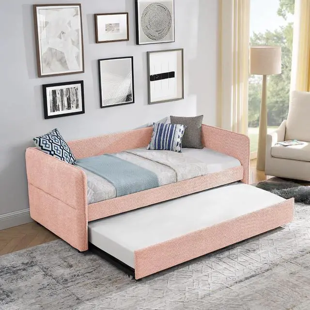 Alt view image 5 of 7 - Boucle Upholstered Twin Daybed with Extendable Trundle Bed, Twin to King Daybed with Backrest and Armrest, Roll Out Trundle Bedframe, Corner Guest Bed for Teens Adults, Easy Assembly, Pink