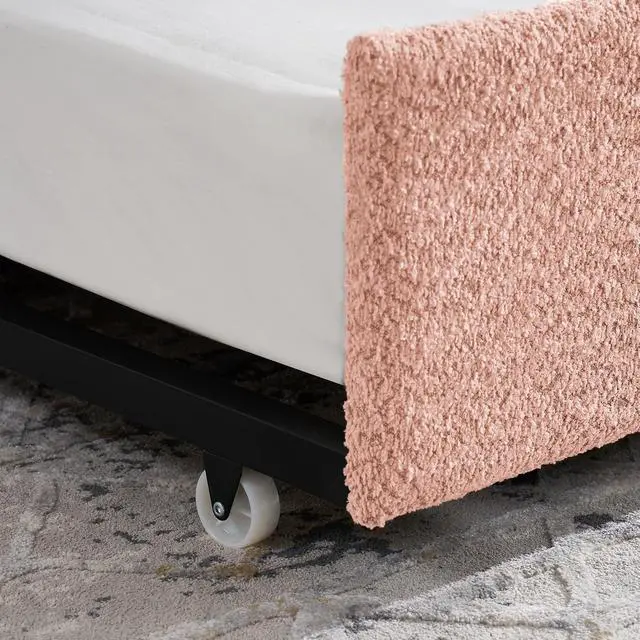 Alt view image 7 of 7 - Boucle Upholstered Twin Daybed with Extendable Trundle Bed, Twin to King Daybed with Backrest and Armrest, Roll Out Trundle Bedframe, Corner Guest Bed for Teens Adults, Easy Assembly, Pink