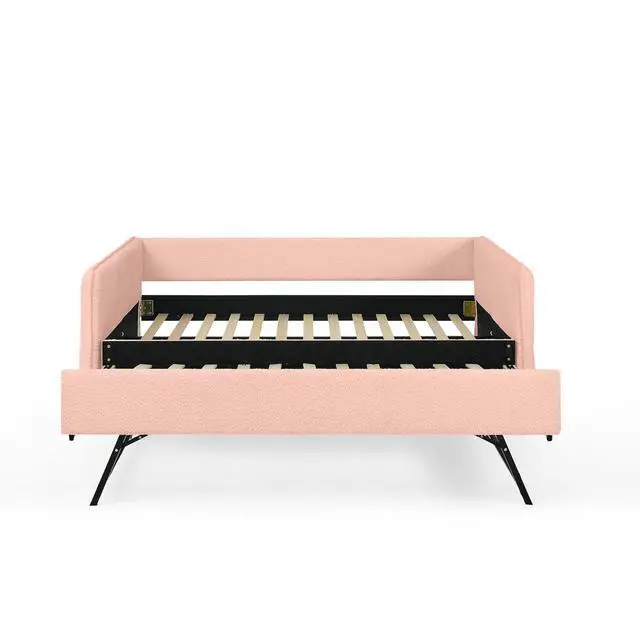 Alt view image 6 of 7 - Boucle Upholstered Full Daybed with Extendable Trundle Bed, Full to Double Bedframe with Backrest and Armrest, Roll Out Trundle Daybed, Corner Guest Bed for Teens Adults, Easy Assembly, Pink