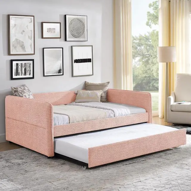 Alt view image 3 of 7 - Boucle Upholstered Full Daybed with Extendable Trundle Bed, Full to Double Bedframe with Backrest and Armrest, Roll Out Trundle Daybed, Corner Guest Bed for Teens Adults, Easy Assembly, Pink