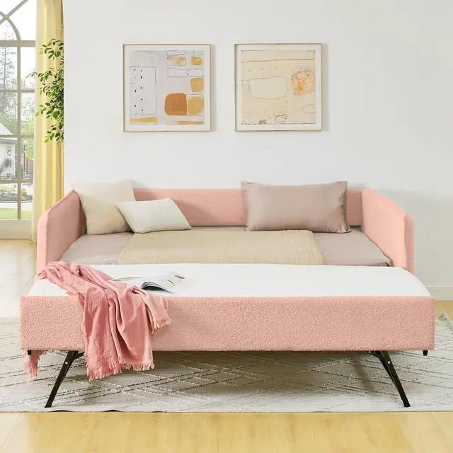 Alt view image 4 of 7 - Boucle Upholstered Full Daybed with Extendable Trundle Bed, Full to Double Bedframe with Backrest and Armrest, Roll Out Trundle Daybed, Corner Guest Bed for Teens Adults, Easy Assembly, Pink