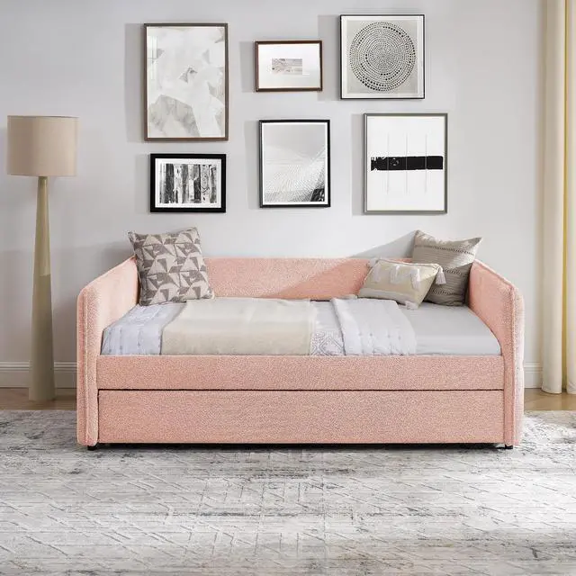 Alt view image 5 of 7 - Boucle Upholstered Full Daybed with Extendable Trundle Bed, Full to Double Bedframe with Backrest and Armrest, Roll Out Trundle Daybed, Corner Guest Bed for Teens Adults, Easy Assembly, Pink