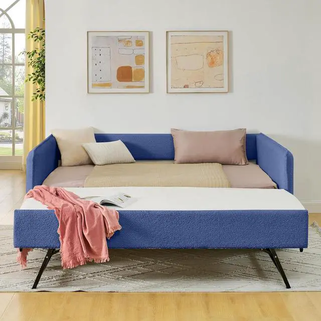 Alt view image 3 of 7 - Boucle Upholstered Full Daybed with Extendable Trundle Bed, Full to Double Bedframe with Backrest and Armrest, Roll Out Trundle Daybed, Corner Guest Bed for Teens Adults, Easy Assembly, Blue