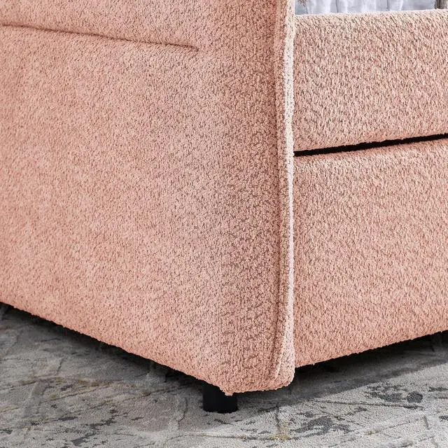 Alt view image 7 of 7 - Boucle Upholstered Full Daybed with Extendable Trundle Bed, Full to Double Bedframe with Backrest and Armrest, Roll Out Trundle Daybed, Corner Guest Bed for Teens Adults, Easy Assembly, Pink
