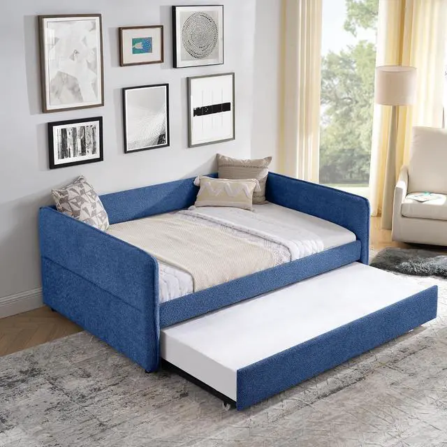 Alt view image 4 of 7 - Boucle Upholstered Full Daybed with Extendable Trundle Bed, Full to Double Bedframe with Backrest and Armrest, Roll Out Trundle Daybed, Corner Guest Bed for Teens Adults, Easy Assembly, Blue