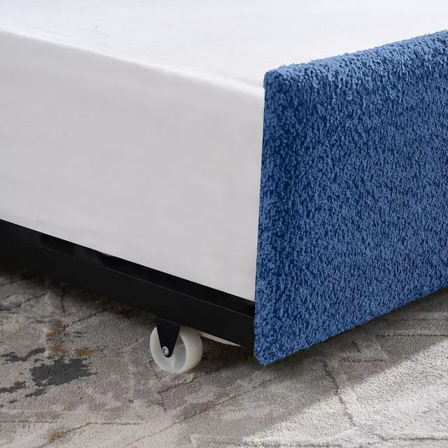 Alt view image 6 of 7 - Boucle Upholstered Full Daybed with Extendable Trundle Bed, Full to Double Bedframe with Backrest and Armrest, Roll Out Trundle Daybed, Corner Guest Bed for Teens Adults, Easy Assembly, Blue