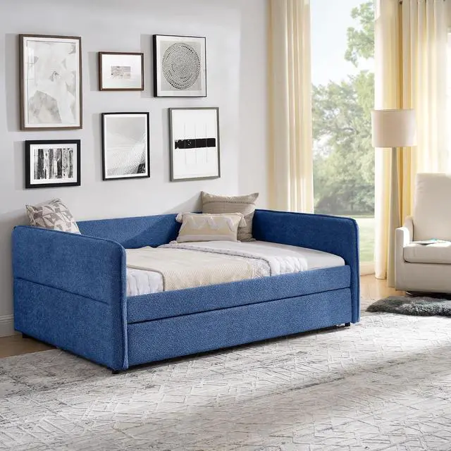 Alt view image 5 of 7 - Boucle Upholstered Full Daybed with Extendable Trundle Bed, Full to Double Bedframe with Backrest and Armrest, Roll Out Trundle Daybed, Corner Guest Bed for Teens Adults, Easy Assembly, Blue