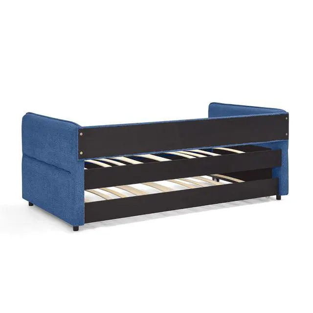 Alt view image 6 of 7 - Boucle Upholstered Twin Daybed with Extendable Trundle Bed, Twin to King Daybed with Backrest and Armrest, Roll Out Trundle Bedframe, Corner Guest Bed for Teens Adults, Easy Assembly, Blue