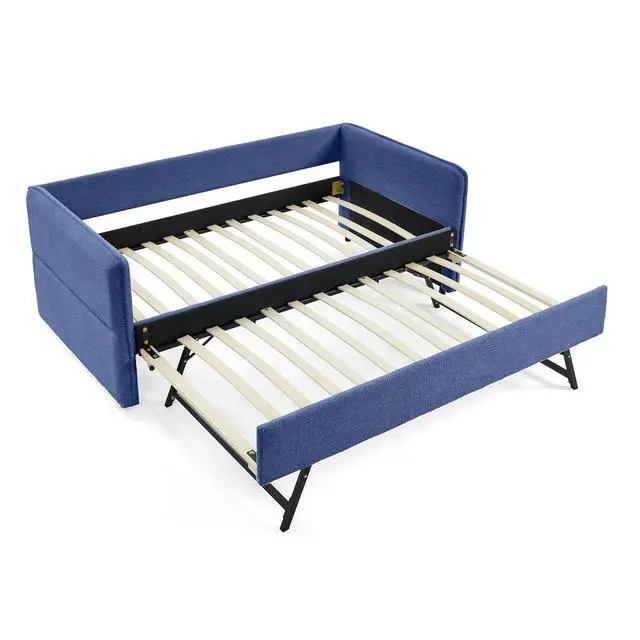 Alt view image 4 of 7 - Boucle Upholstered Twin Daybed with Extendable Trundle Bed, Twin to King Daybed with Backrest and Armrest, Roll Out Trundle Bedframe, Corner Guest Bed for Teens Adults, Easy Assembly, Blue