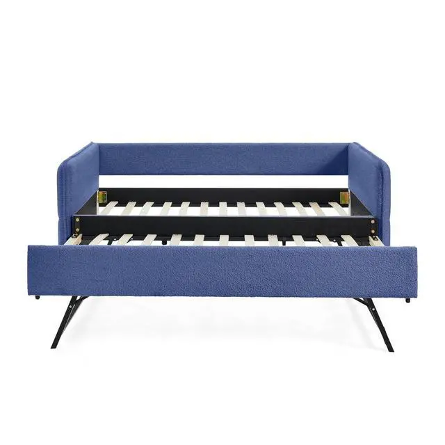 Alt view image 5 of 7 - Boucle Upholstered Twin Daybed with Extendable Trundle Bed, Twin to King Daybed with Backrest and Armrest, Roll Out Trundle Bedframe, Corner Guest Bed for Teens Adults, Easy Assembly, Blue