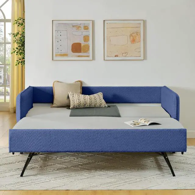 Alt view image 3 of 7 - Boucle Upholstered Twin Daybed with Extendable Trundle Bed, Twin to King Daybed with Backrest and Armrest, Roll Out Trundle Bedframe, Corner Guest Bed for Teens Adults, Easy Assembly, Blue