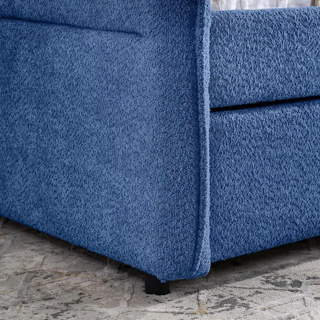 Alt view image 7 of 7 - Boucle Upholstered Full Daybed with Extendable Trundle Bed, Full to Double Bedframe with Backrest and Armrest, Roll Out Trundle Daybed, Corner Guest Bed for Teens Adults, Easy Assembly, Blue