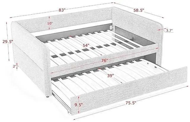 Alt view image 2 of 7 - Boucle Upholstered Full Daybed with Extendable Trundle Bed, Full to Double Bedframe with Backrest and Armrest, Roll Out Trundle Daybed, Corner Guest Bed for Teens Adults, Easy Assembly, Blue