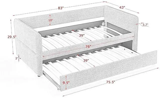 Alt view image 2 of 7 - Boucle Upholstered Twin Daybed with Extendable Trundle Bed, Twin to King Daybed with Backrest and Armrest, Roll Out Trundle Bedframe, Corner Guest Bed for Teens Adults, Easy Assembly, Pink