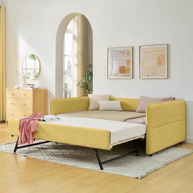 Main image of Boucle Upholstered Full Daybed with Extendable Trundle Bed, Full to Double Bedframe with Backrest and Armrest, Roll Out Trundle Daybed, Corner Guest Bed for Teens Adults, Easy Assembly, Yellow