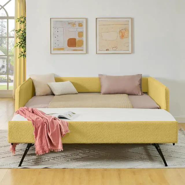 Alt view image 3 of 7 - Boucle Upholstered Full Daybed with Extendable Trundle Bed, Full to Double Bedframe with Backrest and Armrest, Roll Out Trundle Daybed, Corner Guest Bed for Teens Adults, Easy Assembly, Yellow