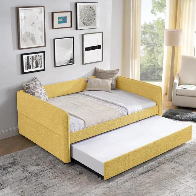 Alt view image 4 of 7 - Boucle Upholstered Full Daybed with Extendable Trundle Bed, Full to Double Bedframe with Backrest and Armrest, Roll Out Trundle Daybed, Corner Guest Bed for Teens Adults, Easy Assembly, Yellow