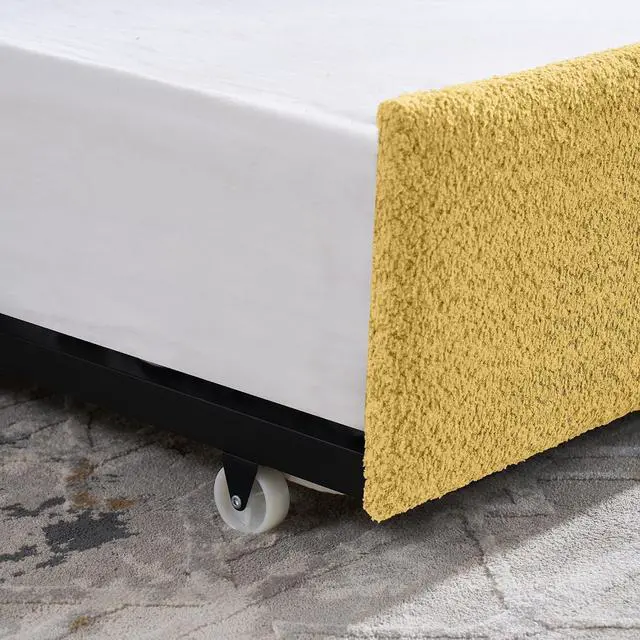 Alt view image 6 of 7 - Boucle Upholstered Full Daybed with Extendable Trundle Bed, Full to Double Bedframe with Backrest and Armrest, Roll Out Trundle Daybed, Corner Guest Bed for Teens Adults, Easy Assembly, Yellow