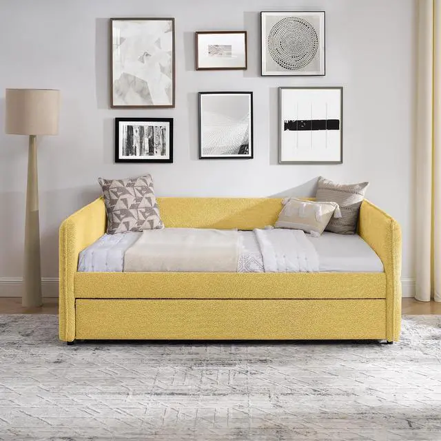 Alt view image 5 of 7 - Boucle Upholstered Full Daybed with Extendable Trundle Bed, Full to Double Bedframe with Backrest and Armrest, Roll Out Trundle Daybed, Corner Guest Bed for Teens Adults, Easy Assembly, Yellow