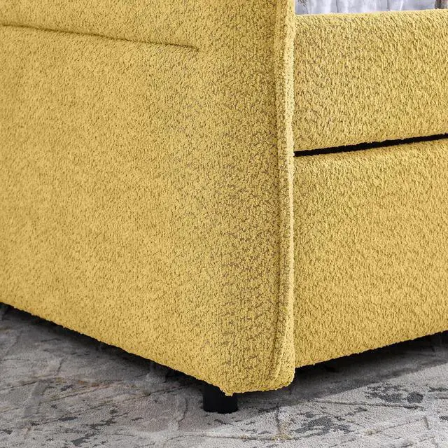 Alt view image 7 of 7 - Boucle Upholstered Full Daybed with Extendable Trundle Bed, Full to Double Bedframe with Backrest and Armrest, Roll Out Trundle Daybed, Corner Guest Bed for Teens Adults, Easy Assembly, Yellow