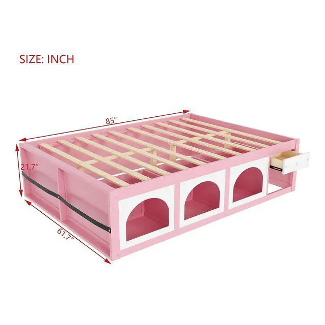 Alt view image 2 of 7 - Queen Size Wooden Platform Bed with Display Cube, Floor Bedframe with Sling Bookshelf, LED Light and Storage Drawer, Stylish Teens Bed with Open Storage for Small Spaces, Pink+White
