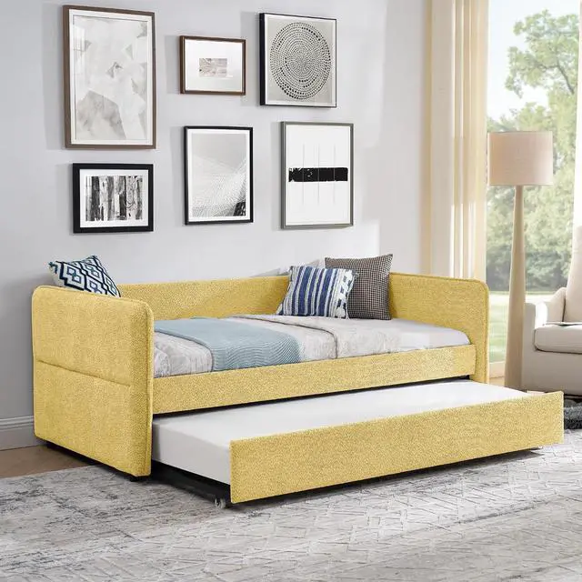 Alt view image 3 of 7 - Boucle Upholstered Twin Daybed with Extendable Trundle Bed, Twin to King Daybed with Backrest and Armrest, Roll Out Trundle Bedframe, Corner Guest Bed for Teens Adults, Easy Assembly, Yellow