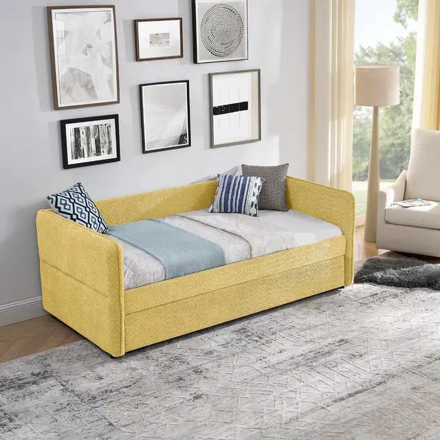 Alt view image 4 of 7 - Boucle Upholstered Twin Daybed with Extendable Trundle Bed, Twin to King Daybed with Backrest and Armrest, Roll Out Trundle Bedframe, Corner Guest Bed for Teens Adults, Easy Assembly, Yellow