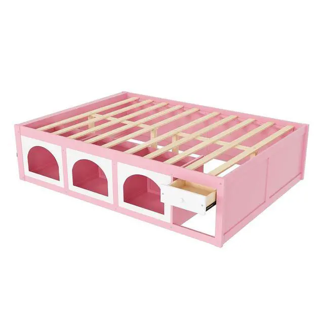 Alt view image 4 of 7 - Queen Size Wooden Platform Bed with Display Cube, Floor Bedframe with Sling Bookshelf, LED Light and Storage Drawer, Stylish Teens Bed with Open Storage for Small Spaces, Pink+White