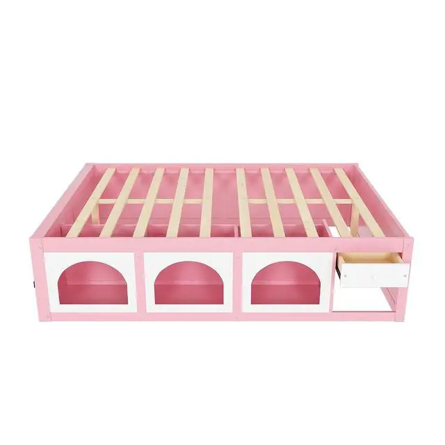 Alt view image 5 of 7 - Queen Size Wooden Platform Bed with Display Cube, Floor Bedframe with Sling Bookshelf, LED Light and Storage Drawer, Stylish Teens Bed with Open Storage for Small Spaces, Pink+White