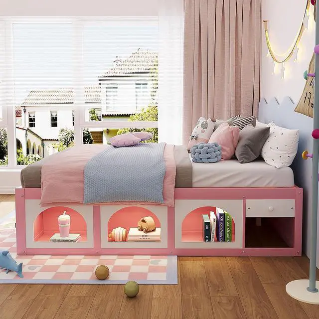 Alt view image 3 of 7 - Queen Size Wooden Platform Bed with Display Cube, Floor Bedframe with Sling Bookshelf, LED Light and Storage Drawer, Stylish Teens Bed with Open Storage for Small Spaces, Pink+White