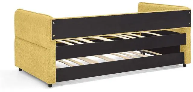 Alt view image 7 of 7 - Boucle Upholstered Twin Daybed with Extendable Trundle Bed, Twin to King Daybed with Backrest and Armrest, Roll Out Trundle Bedframe, Corner Guest Bed for Teens Adults, Easy Assembly, Yellow