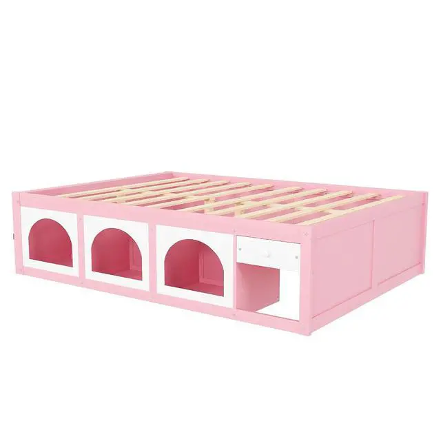 Alt view image 6 of 7 - Queen Size Wooden Platform Bed with Display Cube, Floor Bedframe with Sling Bookshelf, LED Light and Storage Drawer, Stylish Teens Bed with Open Storage for Small Spaces, Pink+White