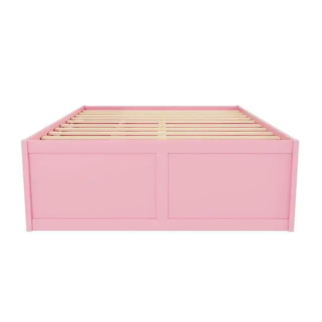 Alt view image 7 of 7 - Queen Size Wooden Platform Bed with Display Cube, Floor Bedframe with Sling Bookshelf, LED Light and Storage Drawer, Stylish Teens Bed with Open Storage for Small Spaces, Pink+White