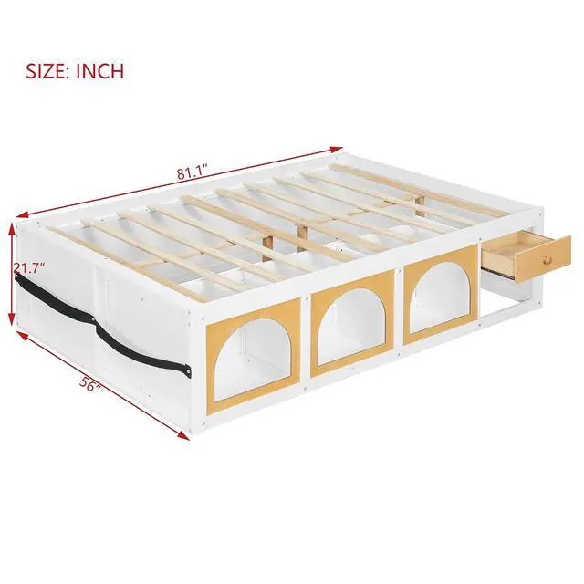 Alt view image 2 of 7 - Full Size Wooden Platform Bed with Display Cube, Floor Bedframe with Sling Bookshelf, LED Light and Storage Drawer, Stylish Teens Bed with Open Storage for Small Spaces, White+Natural