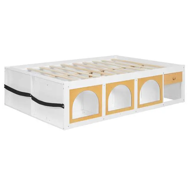 Alt view image 4 of 7 - Full Size Wooden Platform Bed with Display Cube, Floor Bedframe with Sling Bookshelf, LED Light and Storage Drawer, Stylish Teens Bed with Open Storage for Small Spaces, White+Natural