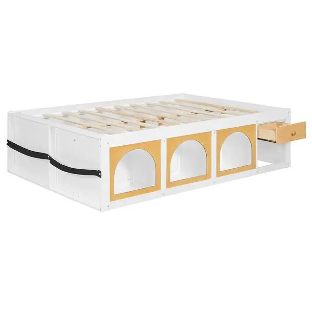 Alt view image 5 of 7 - Full Size Wooden Platform Bed with Display Cube, Floor Bedframe with Sling Bookshelf, LED Light and Storage Drawer, Stylish Teens Bed with Open Storage for Small Spaces, White+Natural