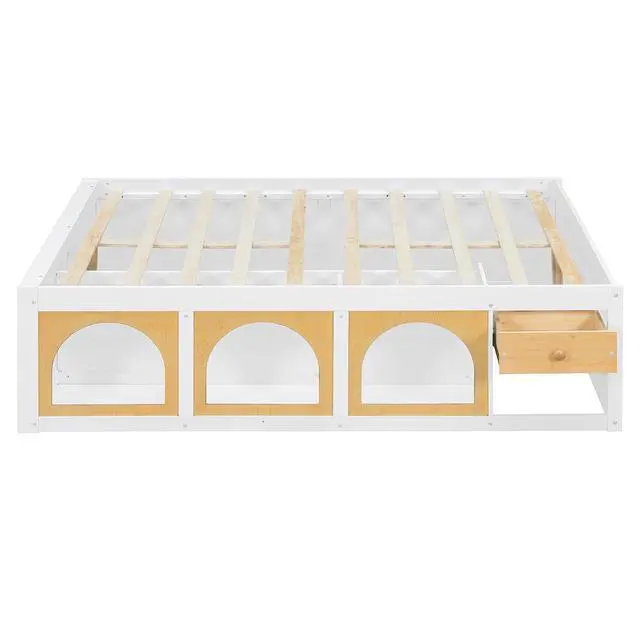 Alt view image 6 of 7 - Full Size Wooden Platform Bed with Display Cube, Floor Bedframe with Sling Bookshelf, LED Light and Storage Drawer, Stylish Teens Bed with Open Storage for Small Spaces, White+Natural