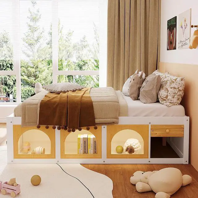 Alt view image 3 of 7 - Full Size Wooden Platform Bed with Display Cube, Floor Bedframe with Sling Bookshelf, LED Light and Storage Drawer, Stylish Teens Bed with Open Storage for Small Spaces, White+Natural