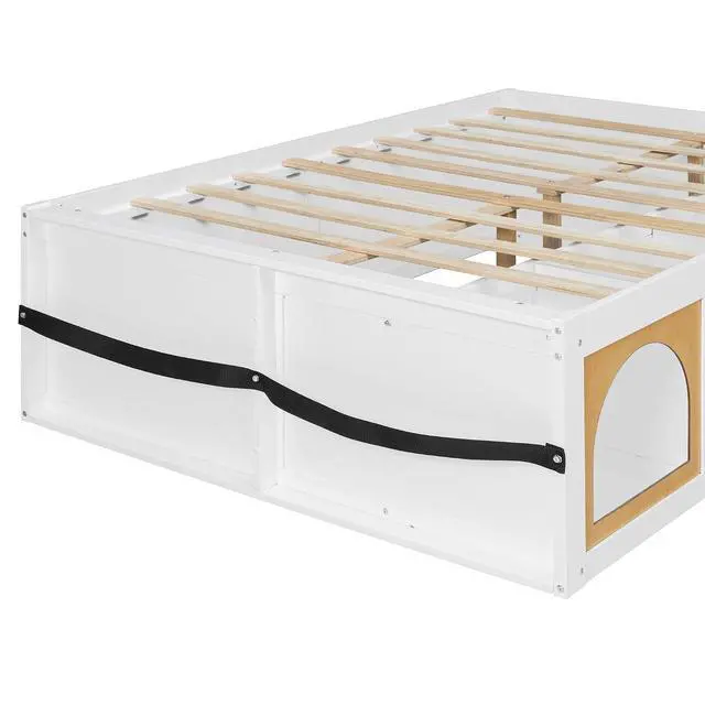 Alt view image 7 of 7 - Full Size Wooden Platform Bed with Display Cube, Floor Bedframe with Sling Bookshelf, LED Light and Storage Drawer, Stylish Teens Bed with Open Storage for Small Spaces, White+Natural