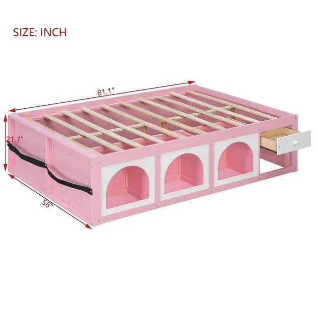 Alt view image 2 of 7 - Full Size Wooden Platform Bed with Display Cube, Floor Bedframe with Sling Bookshelf, LED Light and Storage Drawer, Stylish Teens Bed with Open Storage for Small Spaces, Pink+White