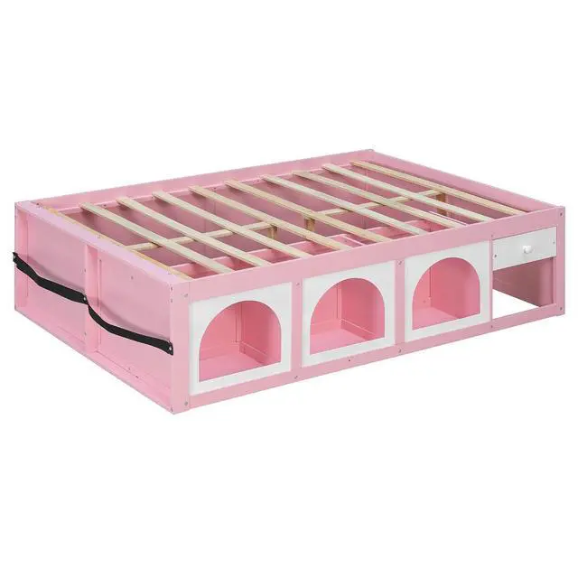 Alt view image 4 of 7 - Full Size Wooden Platform Bed with Display Cube, Floor Bedframe with Sling Bookshelf, LED Light and Storage Drawer, Stylish Teens Bed with Open Storage for Small Spaces, Pink+White