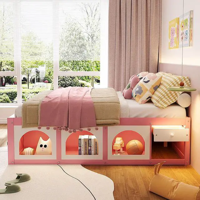 Alt view image 3 of 7 - Full Size Wooden Platform Bed with Display Cube, Floor Bedframe with Sling Bookshelf, LED Light and Storage Drawer, Stylish Teens Bed with Open Storage for Small Spaces, Pink+White