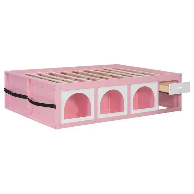 Alt view image 5 of 7 - Full Size Wooden Platform Bed with Display Cube, Floor Bedframe with Sling Bookshelf, LED Light and Storage Drawer, Stylish Teens Bed with Open Storage for Small Spaces, Pink+White