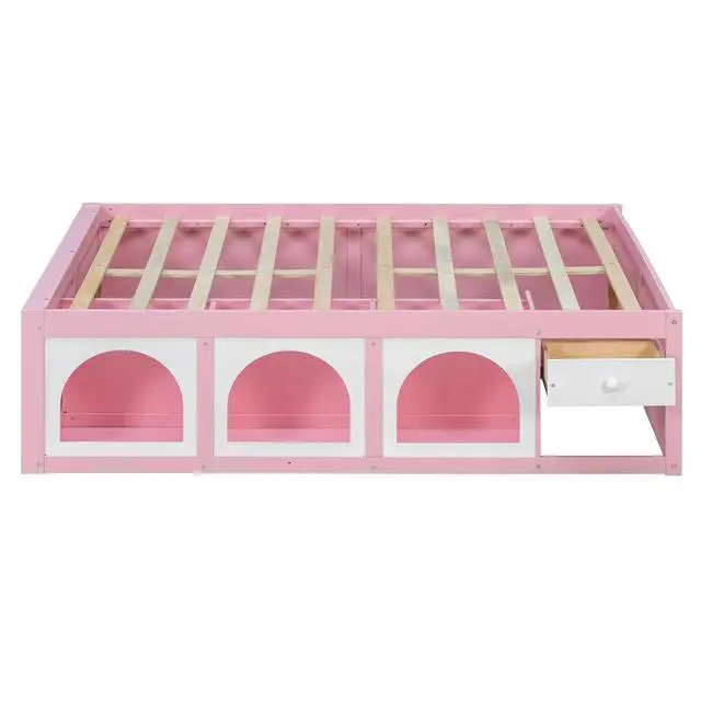 Alt view image 6 of 7 - Full Size Wooden Platform Bed with Display Cube, Floor Bedframe with Sling Bookshelf, LED Light and Storage Drawer, Stylish Teens Bed with Open Storage for Small Spaces, Pink+White