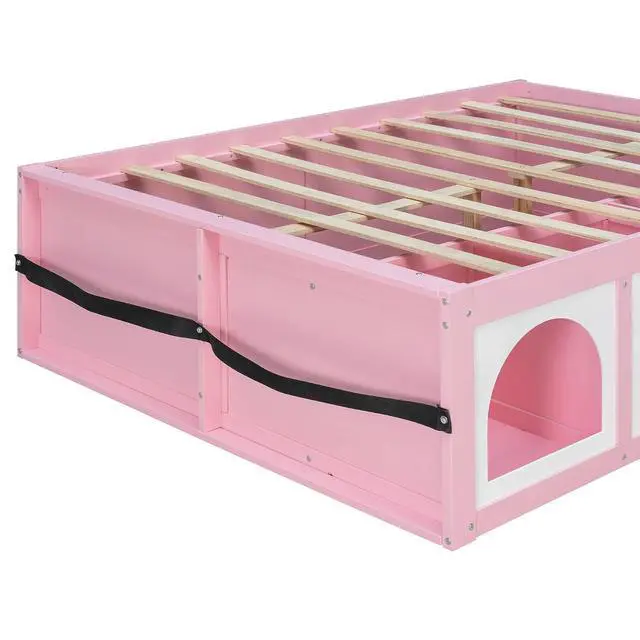 Alt view image 7 of 7 - Full Size Wooden Platform Bed with Display Cube, Floor Bedframe with Sling Bookshelf, LED Light and Storage Drawer, Stylish Teens Bed with Open Storage for Small Spaces, Pink+White