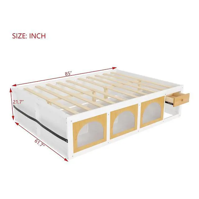 Alt view image 2 of 7 - Queen Size Wooden Platform Bed with Display Cube, Floor Bedframe with Sling Bookshelf, LED Light and Storage Drawer, Stylish Teens Bed with Open Storage for Small Spaces, White+Natural