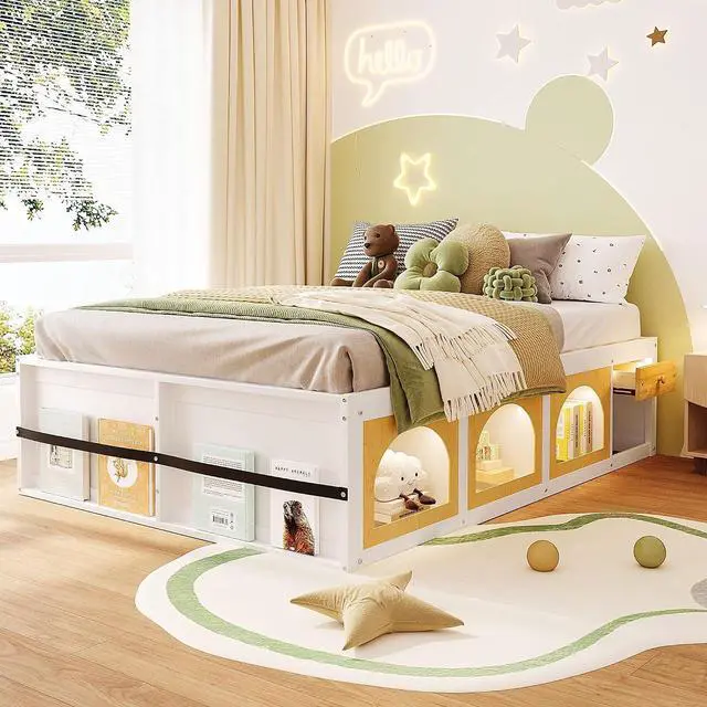 Main image of Queen Size Wooden Platform Bed with Display Cube, Floor Bedframe with Sling Bookshelf, LED Light and Storage Drawer, Stylish Teens Bed with Open Storage for Small Spaces, White+Natural