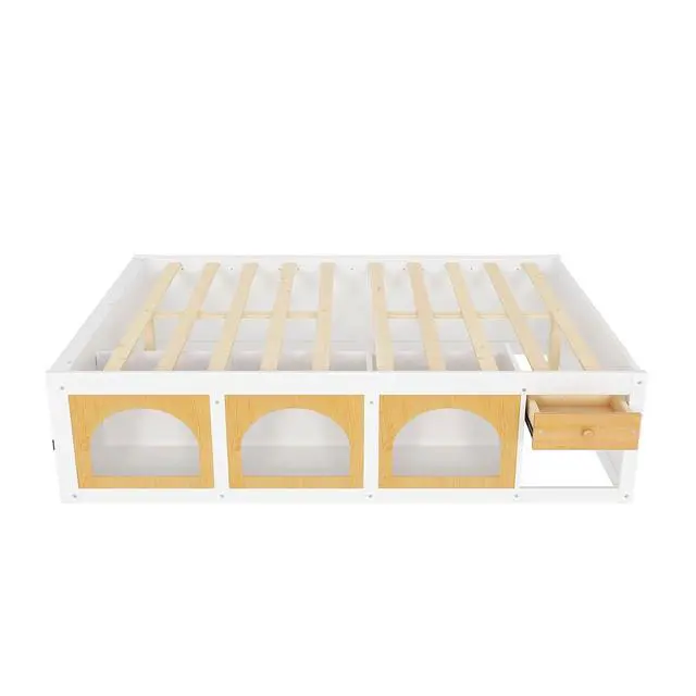 Alt view image 4 of 7 - Queen Size Wooden Platform Bed with Display Cube, Floor Bedframe with Sling Bookshelf, LED Light and Storage Drawer, Stylish Teens Bed with Open Storage for Small Spaces, White+Natural