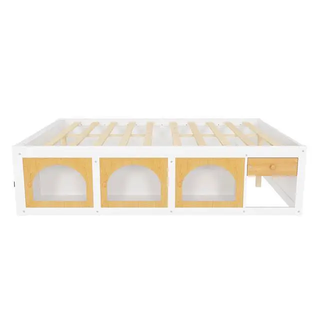 Alt view image 5 of 7 - Queen Size Wooden Platform Bed with Display Cube, Floor Bedframe with Sling Bookshelf, LED Light and Storage Drawer, Stylish Teens Bed with Open Storage for Small Spaces, White+Natural
